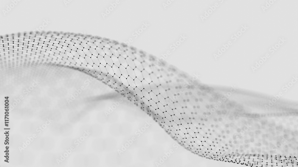 Poster hexagonal abstract mesh wave with black dots on white background