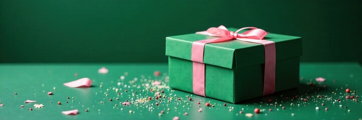 Green and pink striped box on a cluttered and messy surface, dark green, disarray