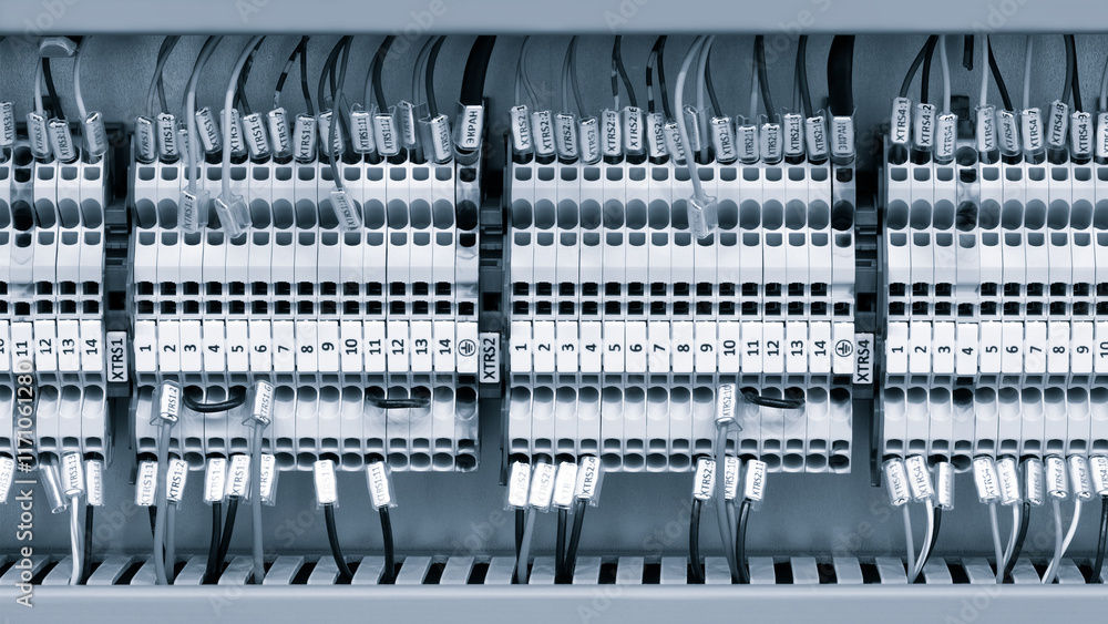 Poster color wires in a box of distribution of an electricity, plc control panel with wiring, lectric contr