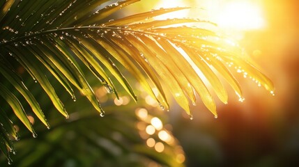 Sunlit Palm Frond with Dew Drops