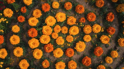 Vibrant Orange and Yellow Marigold Flowers in Bloom From Above