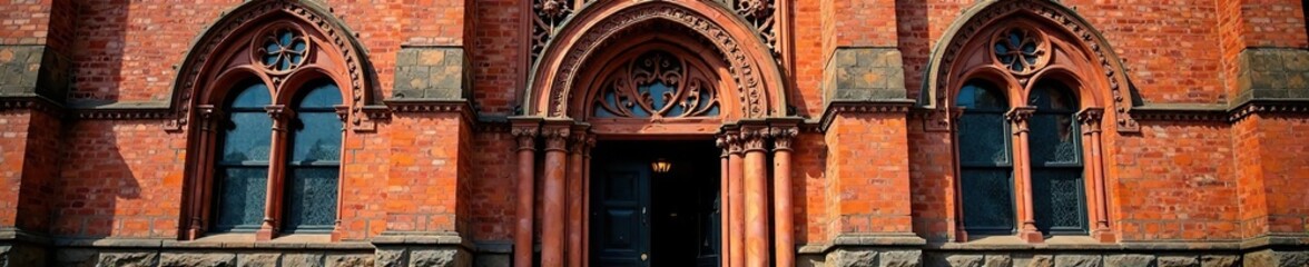 Historic red brick building with ornate stone carvings and Gothic details, pointed arches, stone carvings