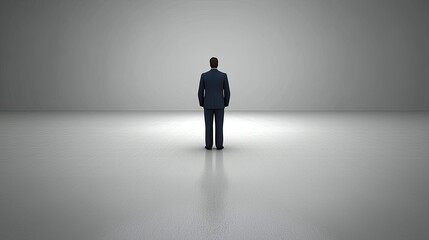 Obraz premium A solitary figure in a suit stands in a vast, empty space, symbolizing contemplation.