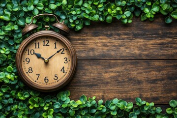 Vintage Alarm Clock on Wooden Background with Green Greenery