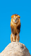 Fototapeta premium regal lion standing atop rocky outcrop, mane flowing in breeze