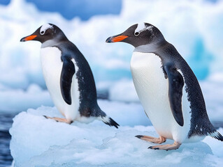 Obraz premium Gentoo penguins standing on snow during winter while displaying curiosity towards each other in their natural habitat