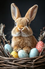Easter bunny in basket with eggs, willow branches, feathers, dark background