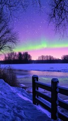 Naklejka premium Green aurora over purple twilight sky. Snowy field with wooden fence and dark tree silhouettes. Calm wonder and resilience. Ideal for travel marketing, wellness ads, and inspirational wall art.