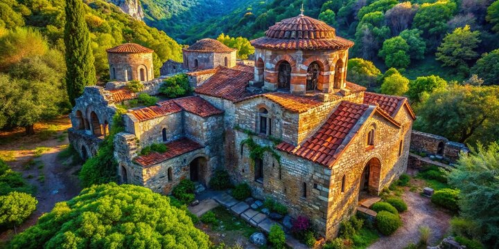 Panagia Pantobasilissa Church, Trilye, Turkey: Overgrown Rustic Arch & Weathered Stone Aerial View
