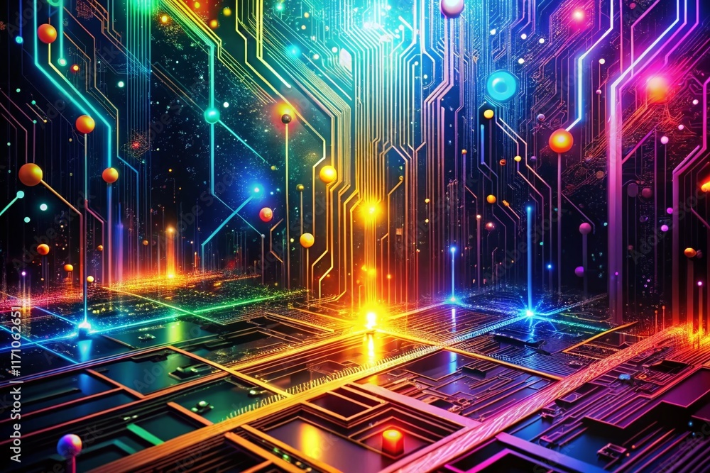 Poster panoramic abstract tech background: futuristic circuits and data streams