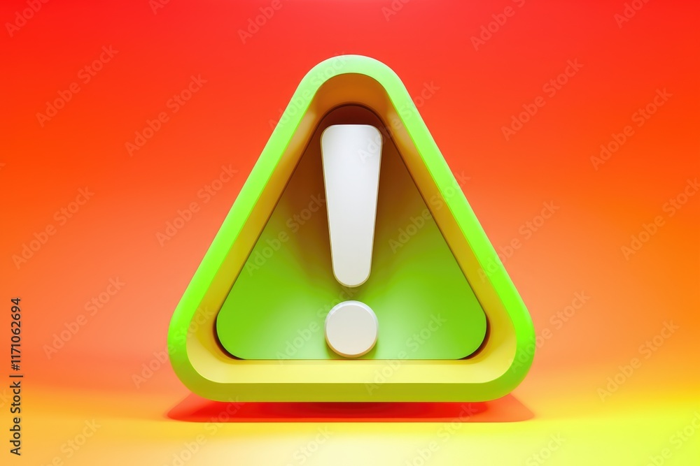 Poster a vibrant green and yellow triangular warning sign with a prominent exclamation mark, signifying cau