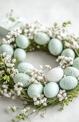 Obraz premium Easter wreath with pastel green eggs and white flowers