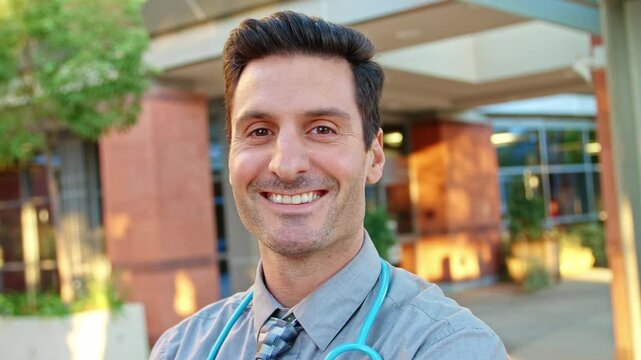 Handheld portrait of male doctor with stethoscope at work standing outside modern hospital building - shot in real time
