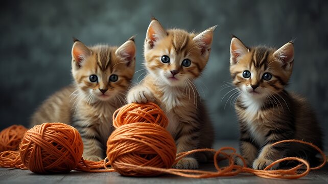 Adorable kittens playing with yarn