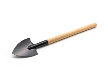 Digging Shovel or Spade mini portable gardening tool have wooden handle isolated on white background.