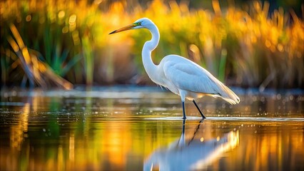 Naklejka premium Drone's eye view: great egret's serene beauty in shallows, a breathtaking nature spectacle.