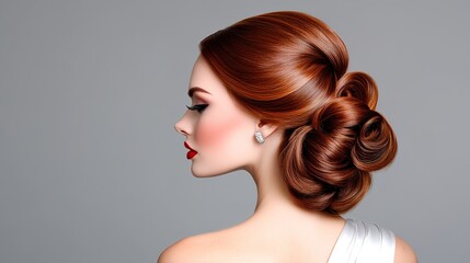 Fototapeta premium Elegant Woman with Stylish Updo and Bright Red Lips in Profile