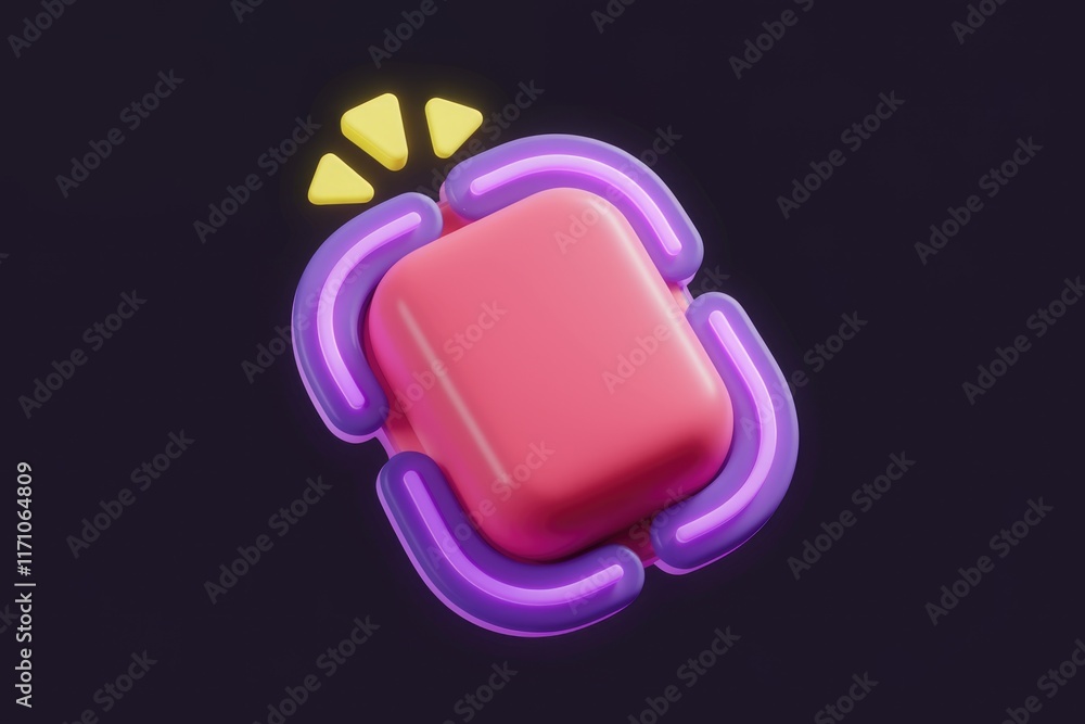 Poster abstract 3d render of a pink square with purple neon glowing frame and yellow highlights.