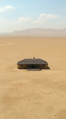 Naklejka premium A solitary yellow house stands in a vast, empty desert landscape under a clear sky.