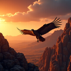 Fototapeta premium California condor soaring over rugged mountain landscape during sunset
