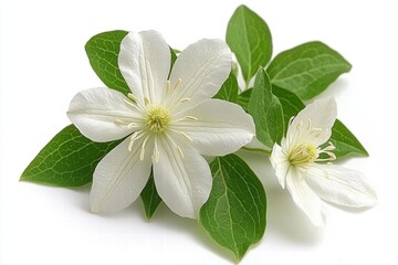 Obraz premium White Clematis Flowers with Green Leaves