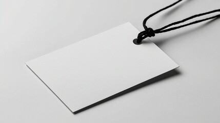 Blank white tag with black string on white background for product label.