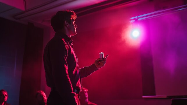 Man giving presentation, dimly lit room, audience.