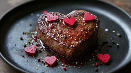 Romantyczna potrawa z sercowym stekiem, urozmaicona czerwonymi akcentami i pieprzem, doskonała na Walentynkową ucztę lub specjalne okazje.