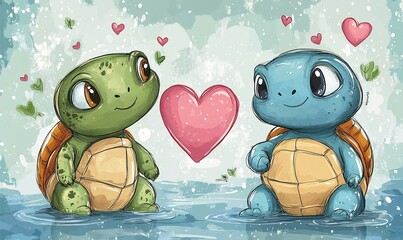 Postcard for Valentine's Day, I Love You in cartoon style, romantic Turtles and heart shape