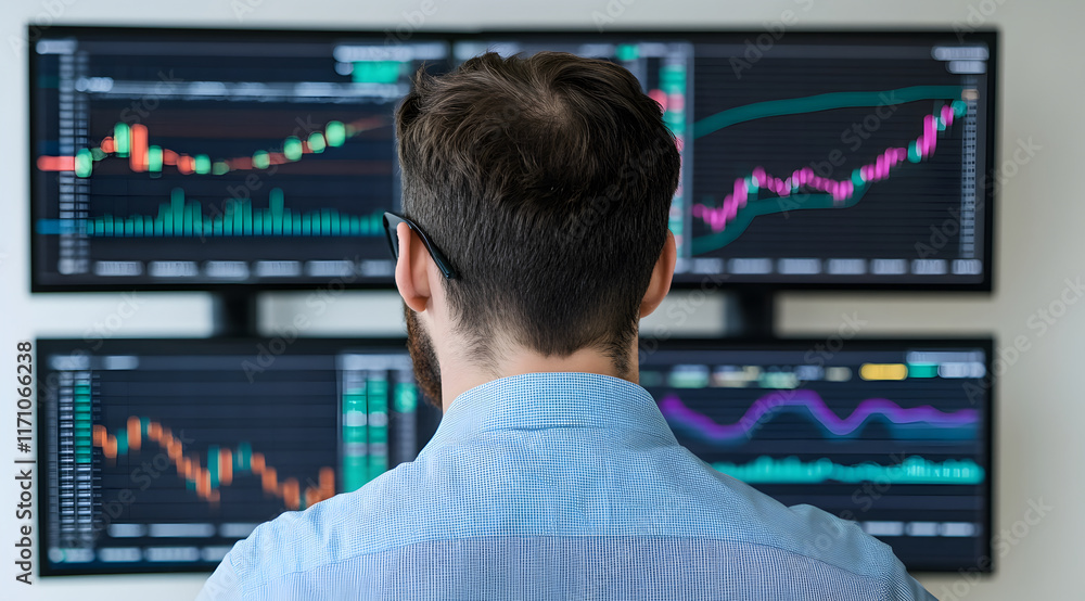 Poster a man observes financial charts and data on multiple screens, focusing on stock market trends and an
