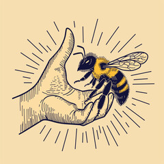 Stylized illustration of a hand and bee with radiating lines.