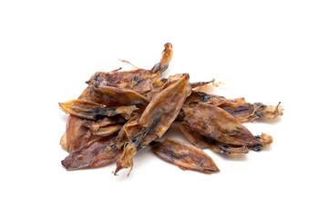 Pile of dried Beka Squid from the seafood souvenir market in Thailand isolated on white background.