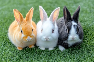 Obraz premium Three Adorable Baby Rabbits on Green Grass
