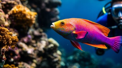 Vibrant coral reef fish swims in a colorful underwater scene. A diver is visible in the background.