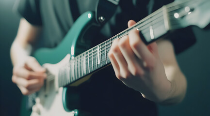 Fototapeta premium A close-up of a person playing an electric guitar, showcasing skillful finger placement and a vibrant green instrument against a blurred background.