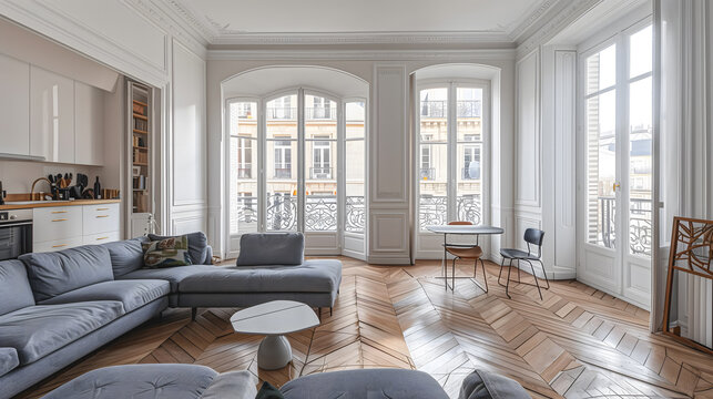 Salon lumineux avec canap&eacute; gris, parquet en chevrons et grande cuisine int&eacute;gr&eacute;e.
