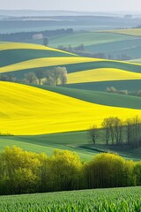 Abstract Farmland Landscape, Rolling Hills in Green and Yellow, Agriculture Background