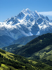 Majestic mountain peaks covered in snow, surrounded by lush green valleys and a clear blue sky, ideal for nature enthusiasts
