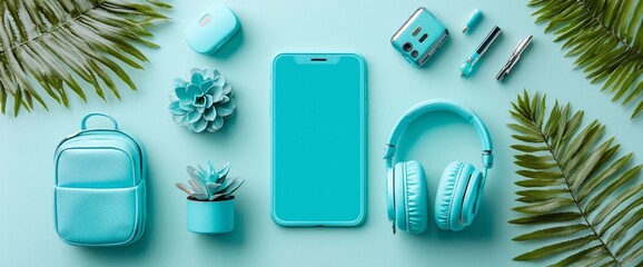 Flat lay of teal tech accessories, plants, and backpack on a blue background.