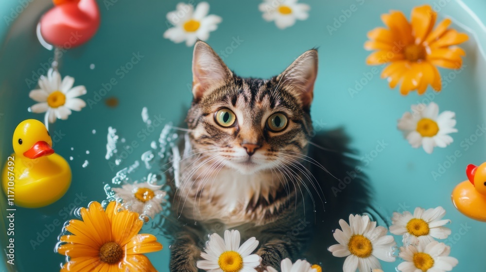 Poster an artistic shot of a cat sitting in a bathtub filled with warm water, surrounded by colorful rubber