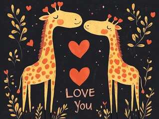 Postcard for Valentine's Day, I Love You in cartoon style, romantic Giraffes and heart shape