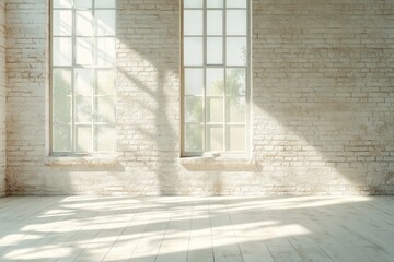 Obraz premium Sunlit Empty Room with White Brick Wall and Wooden Floor