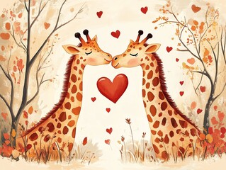 Postcard for Valentine's Day, I Love You in cartoon style, romantic Giraffes and heart shape