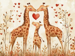 Postcard for Valentine's Day, I Love You in cartoon style, romantic Giraffes and heart shape