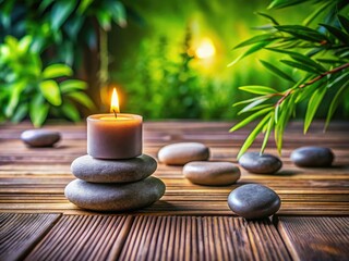 Glowing candles, nestled amongst zen garden stones, rest on a rustic wooden table; peaceful contemplation.