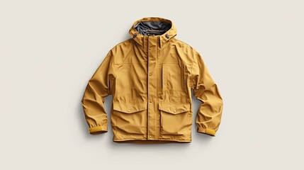 Naklejka premium A yellow waterproof jacket designed for outdoor activities and protection against weather.