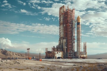 A towering rocket launch pad against a stunning landscape under a serene sky, ready for the next space mission.