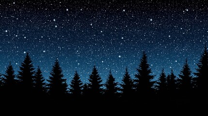 Fototapeta premium Night sky filled with stars above a silhouette of pine trees.