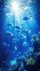 Underwater scene showcasing fish swimming in illuminated ocean waters with coral.
