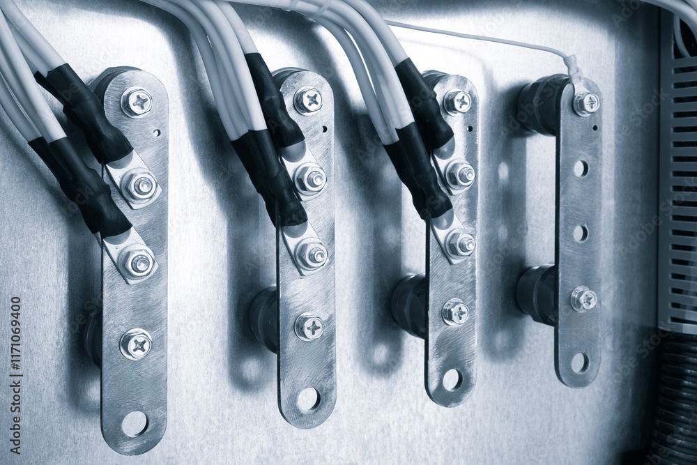 Poster new automated system of electric power supply and distribution. electric boxes with high-voltage equ